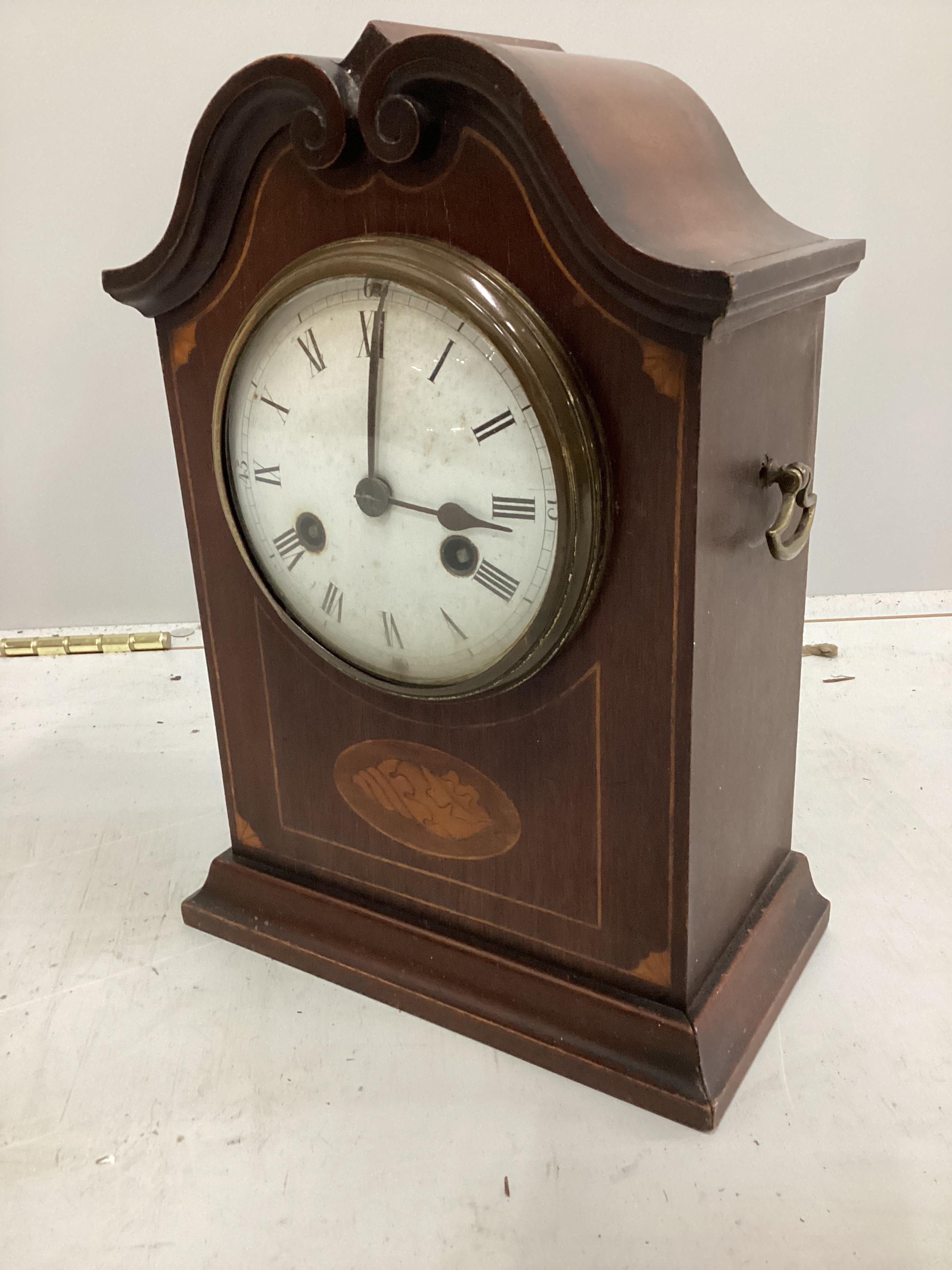 An Edwardian inlaid mahogany mantel clock with enamel dial, 32cm high